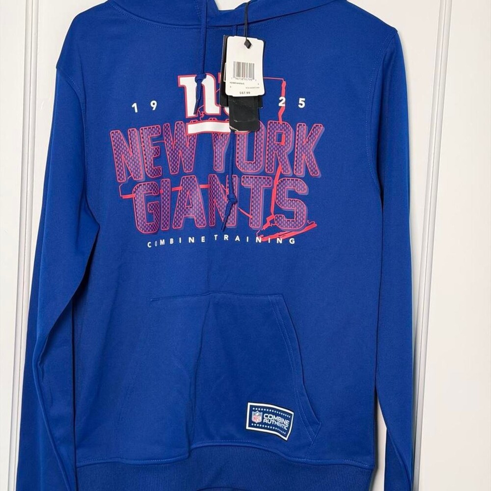 New York Giants NFL hoodie in blue with red/pink 'NEW YORK GIANTS' text. Size me
